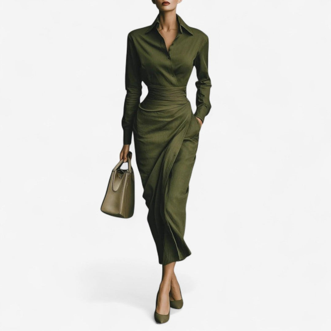 Women's Long-Sleeve Wrap Midi Formal Dress Collared Ruched