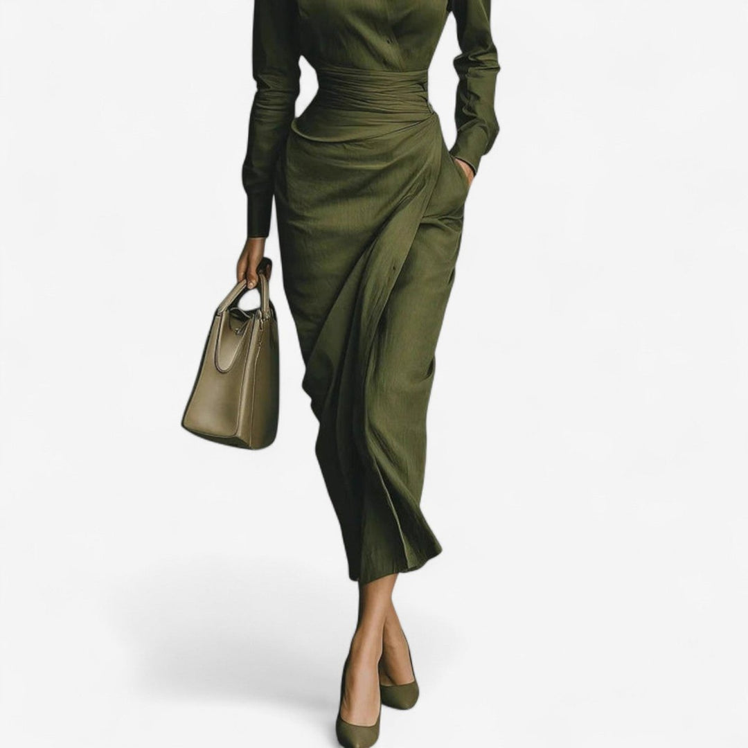 Women's Long-Sleeve Wrap Midi Formal Dress Collared Ruched
