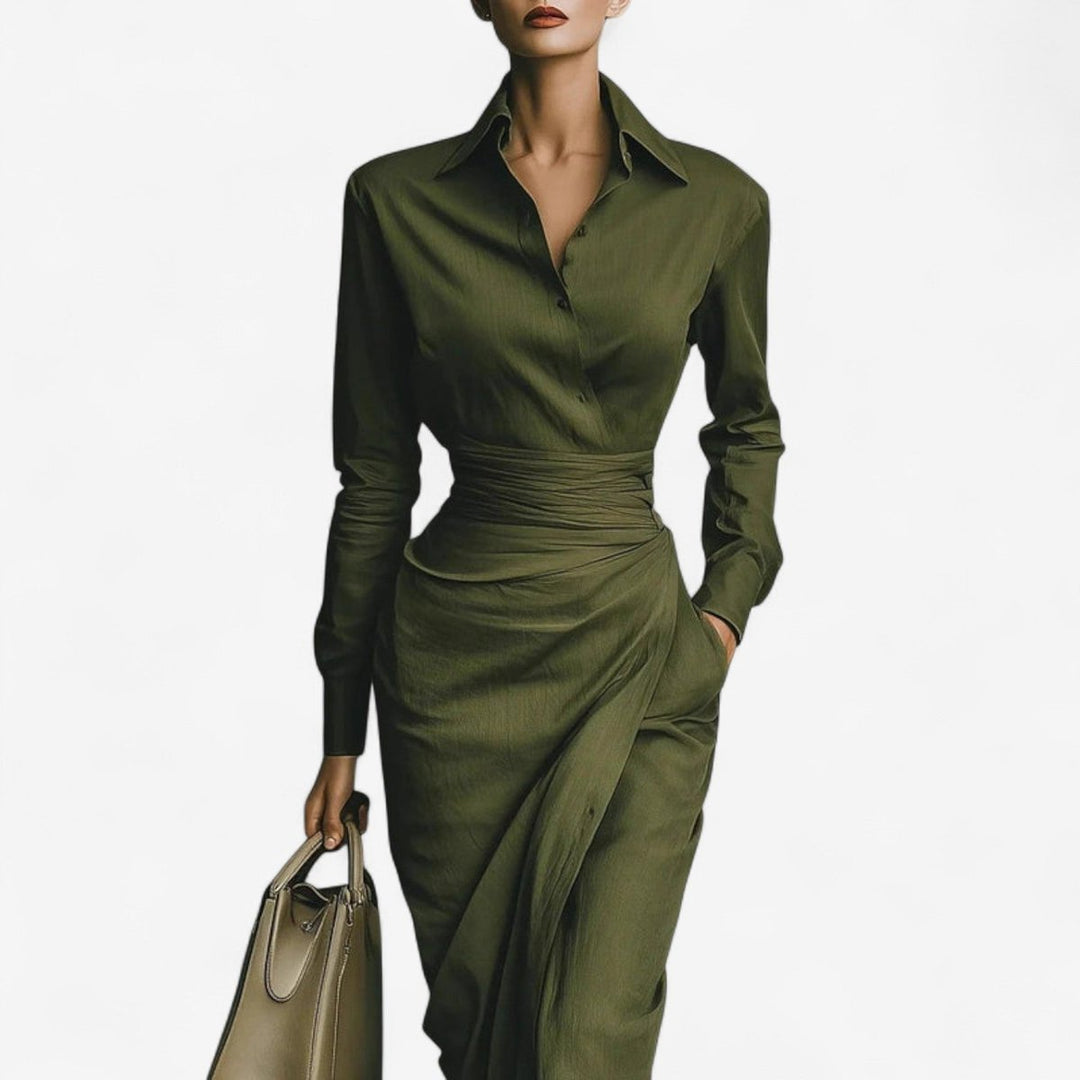 Women's Long-Sleeve Wrap Midi Formal Dress Collared Ruched