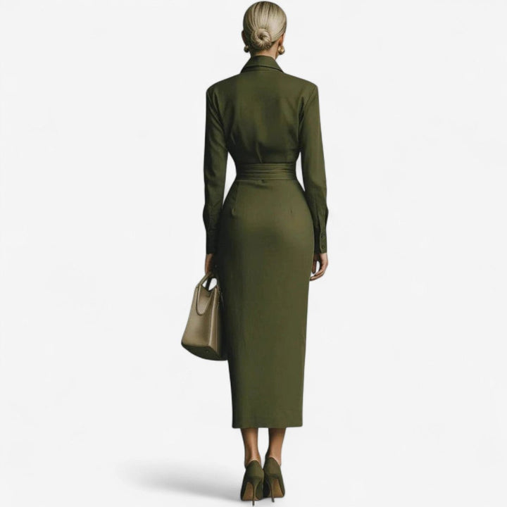 Women's Long-Sleeve Wrap Midi Formal Dress Collared Ruched