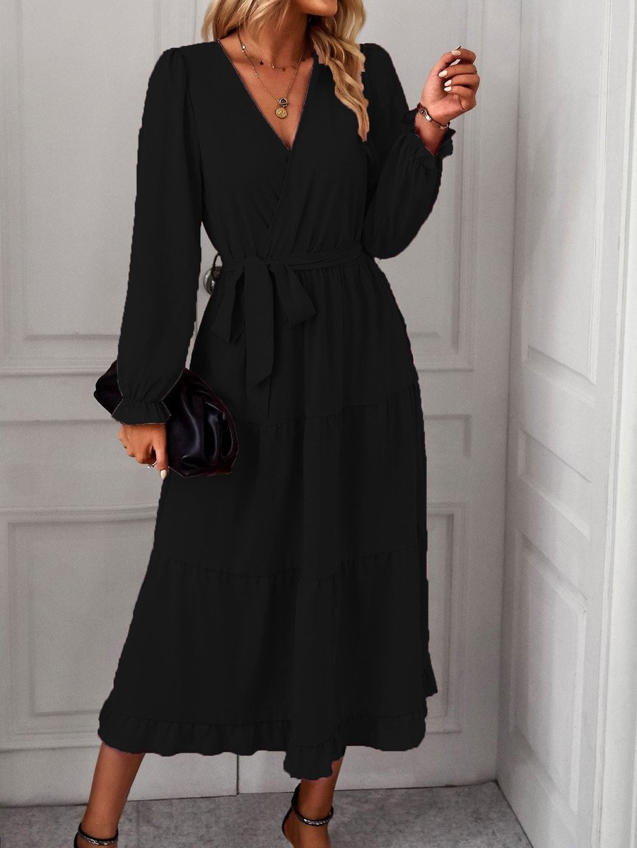 Women's Long Sleeve Wrap Midi Formal Dress Tie Waist