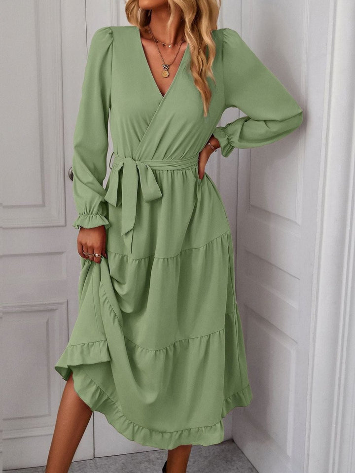 Women's Long Sleeve Wrap Midi Formal Dress Tie Waist