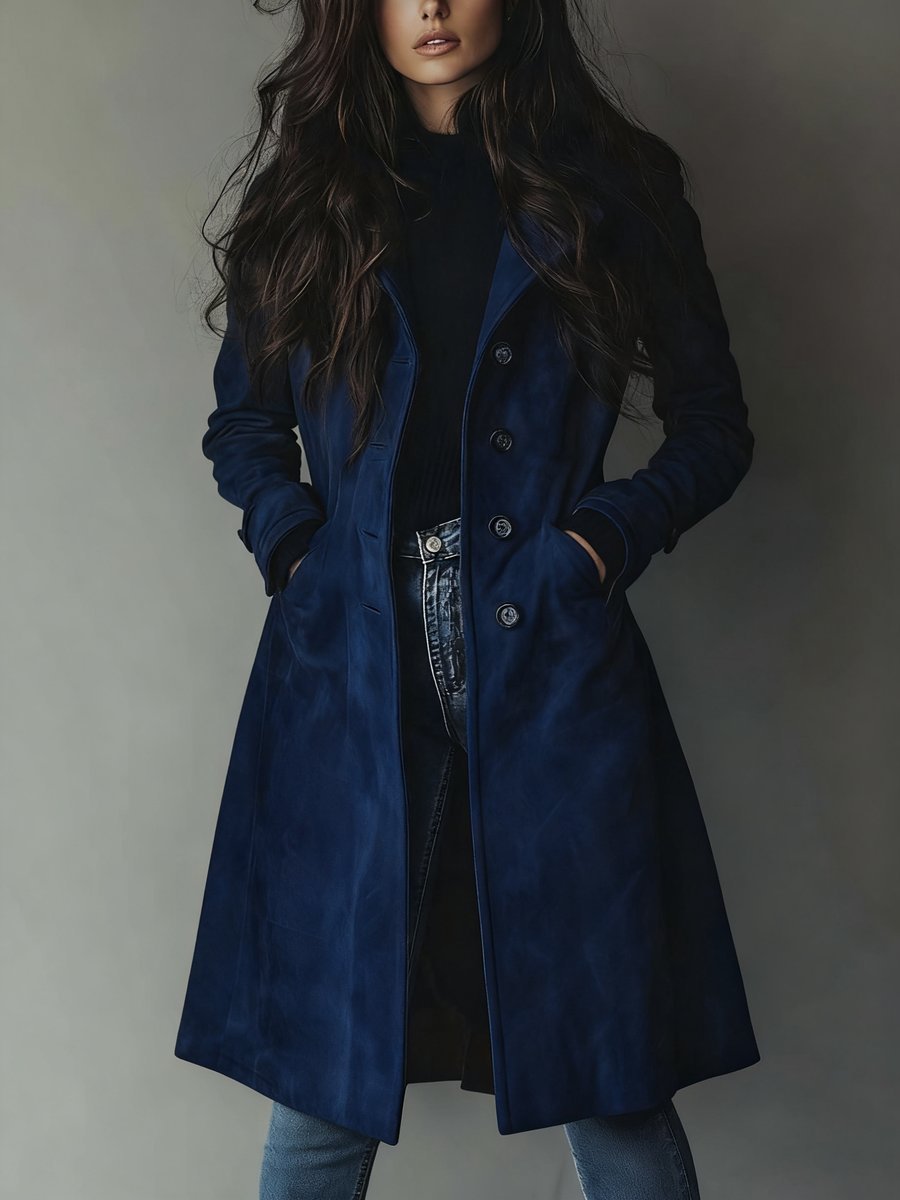 Women's Longline Double-Breasted Suede Tailored Trench Coat - Dark Blue