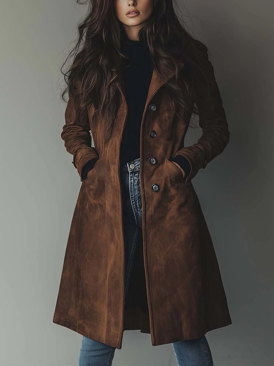 Women's Longline Double-Breasted Suede Tailored Trench Coat - Brown