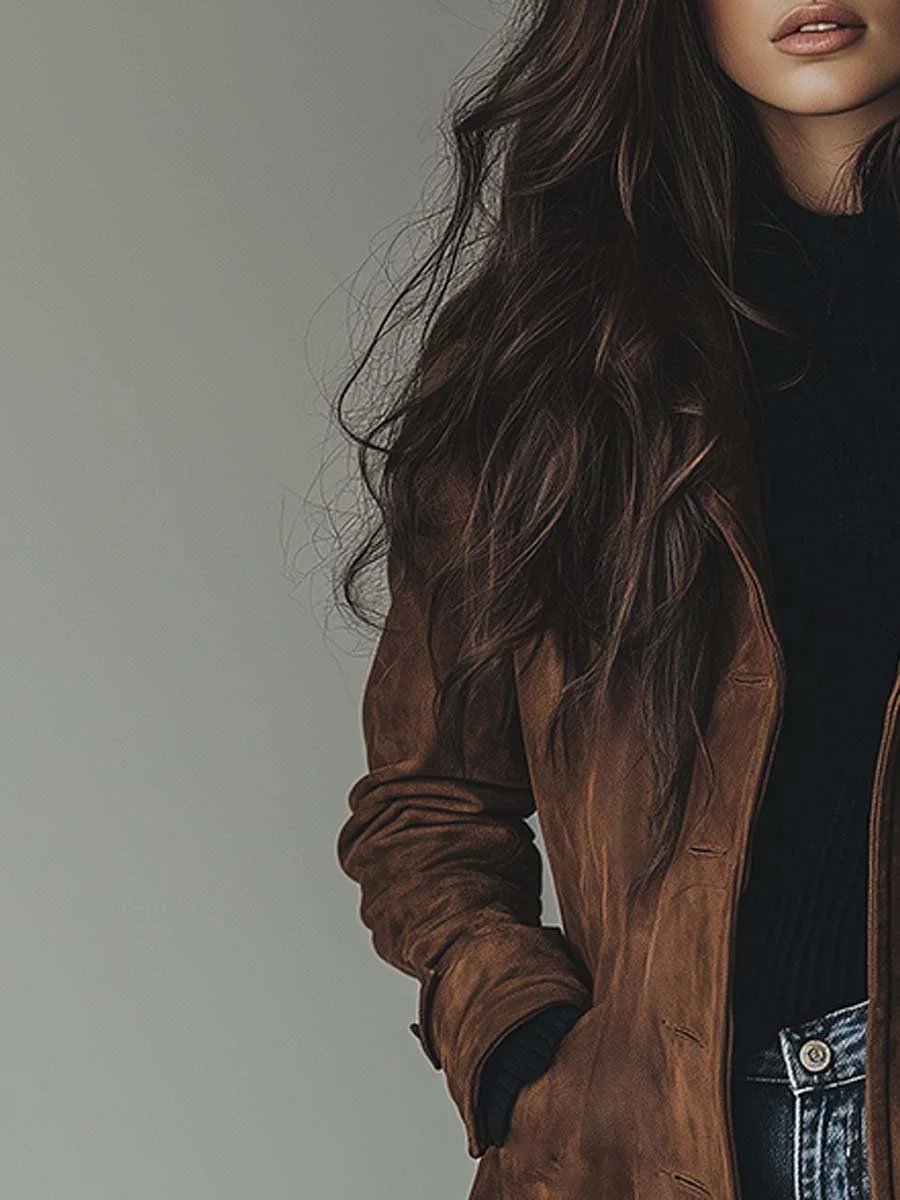 Women's Longline Double-Breasted Suede Tailored Trench Coat