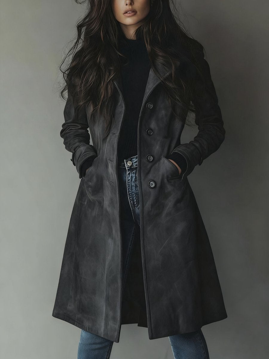 Women's Longline Double-Breasted Suede Tailored Trench Coat - Dark Gray