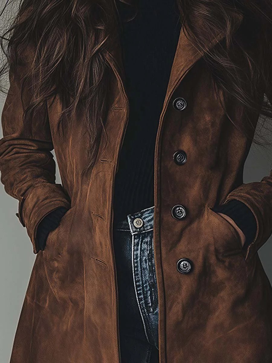 Women's Longline Double-Breasted Suede Tailored Trench Coat
