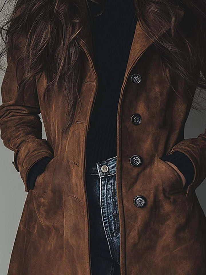 Women's Longline Double-Breasted Suede Tailored Trench Coat