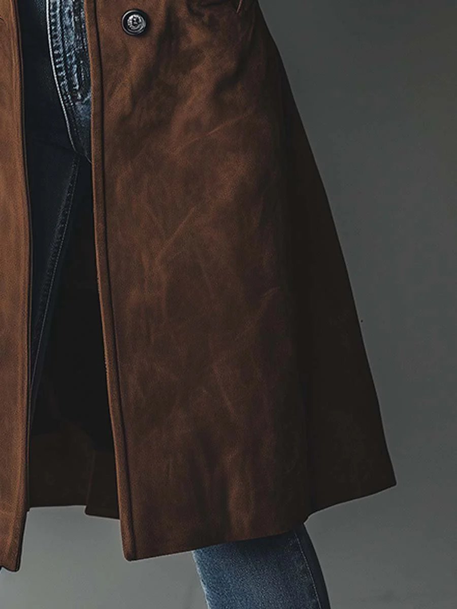 Women's Longline Double-Breasted Suede Tailored Trench Coat