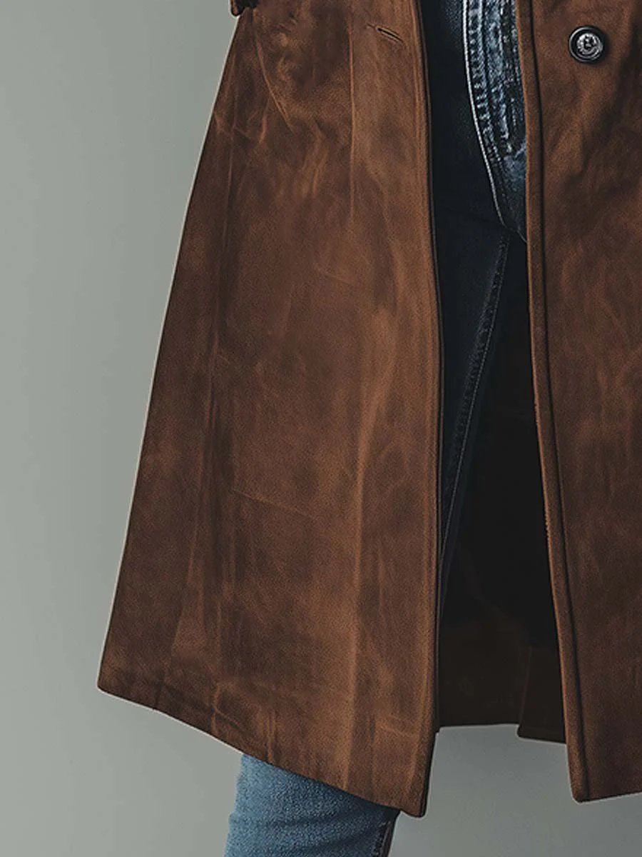 Women's Longline Double-Breasted Suede Tailored Trench Coat