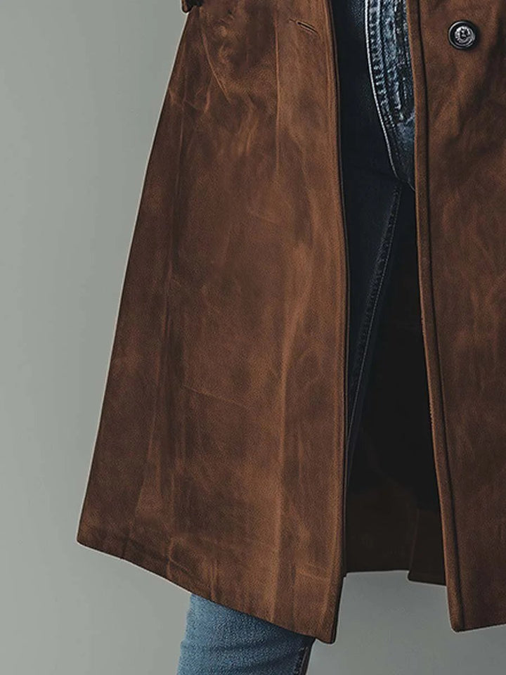 Women's Longline Double-Breasted Suede Tailored Trench Coat