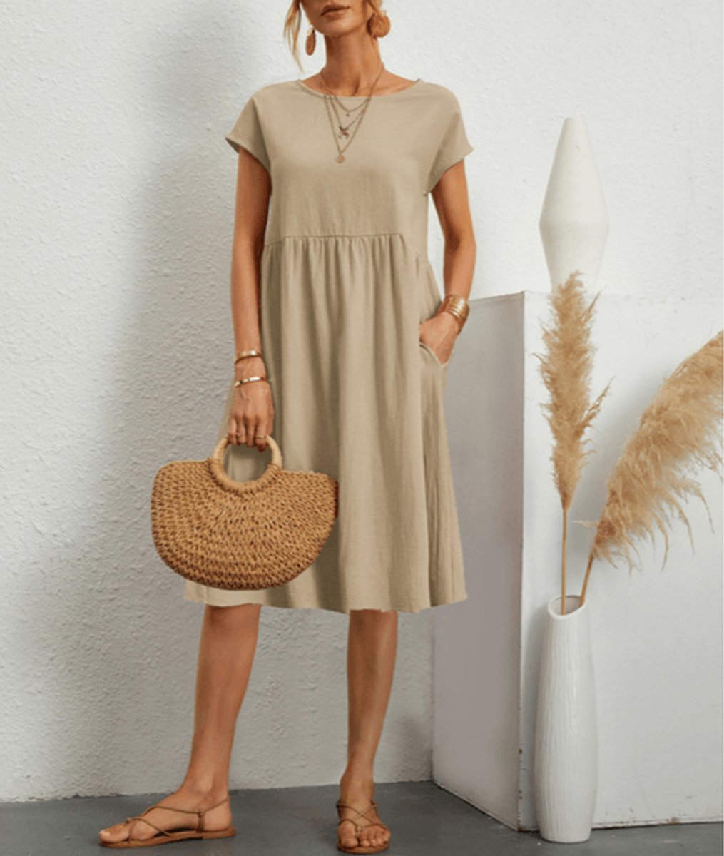 Women's Loose A-Line Short Sleeve Fall Midi Dress Cotton Linen