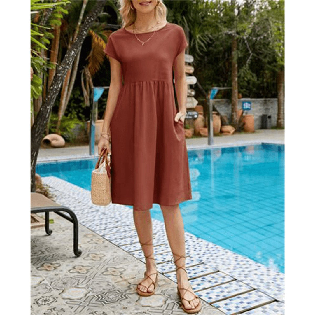 Women's Loose A-Line Short Sleeve Fall Midi Dress Cotton Linen