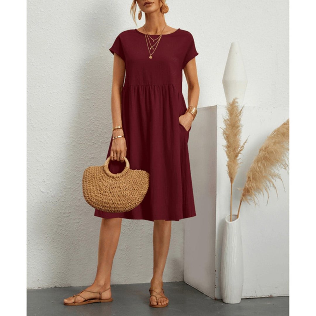 Women's Loose A-Line Short Sleeve Fall Midi Dress Cotton Linen