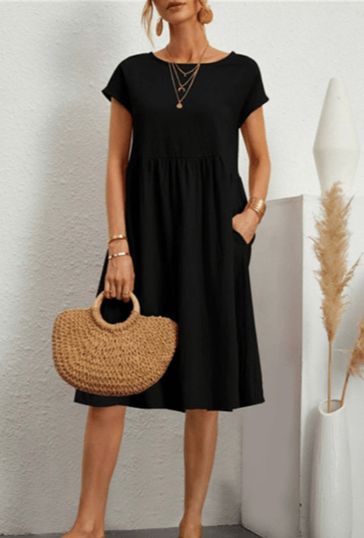 Women's Loose A-Line Short Sleeve Fall Midi Dress Cotton Linen