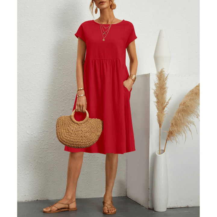 Women's Loose A-Line Short Sleeve Fall Midi Dress Cotton Linen
