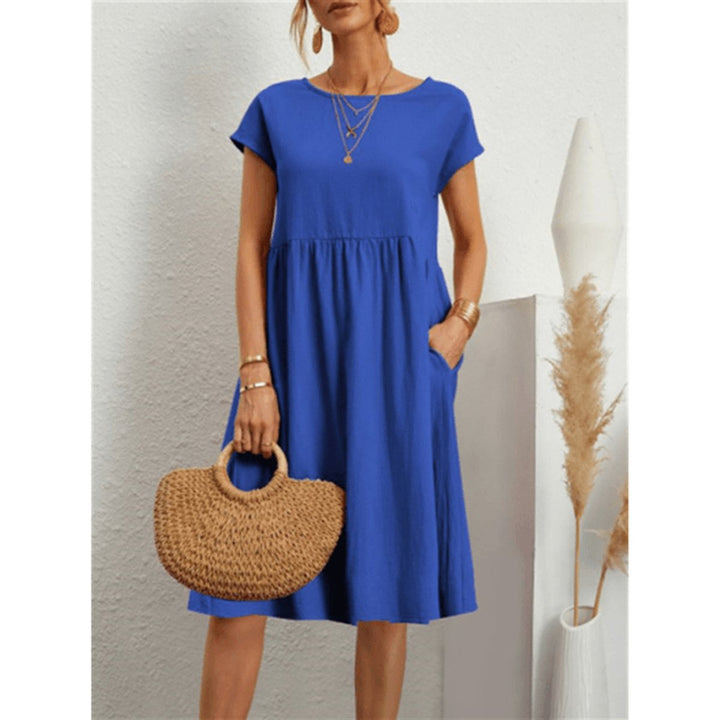 Women's Loose A-Line Short Sleeve Fall Midi Dress Cotton Linen