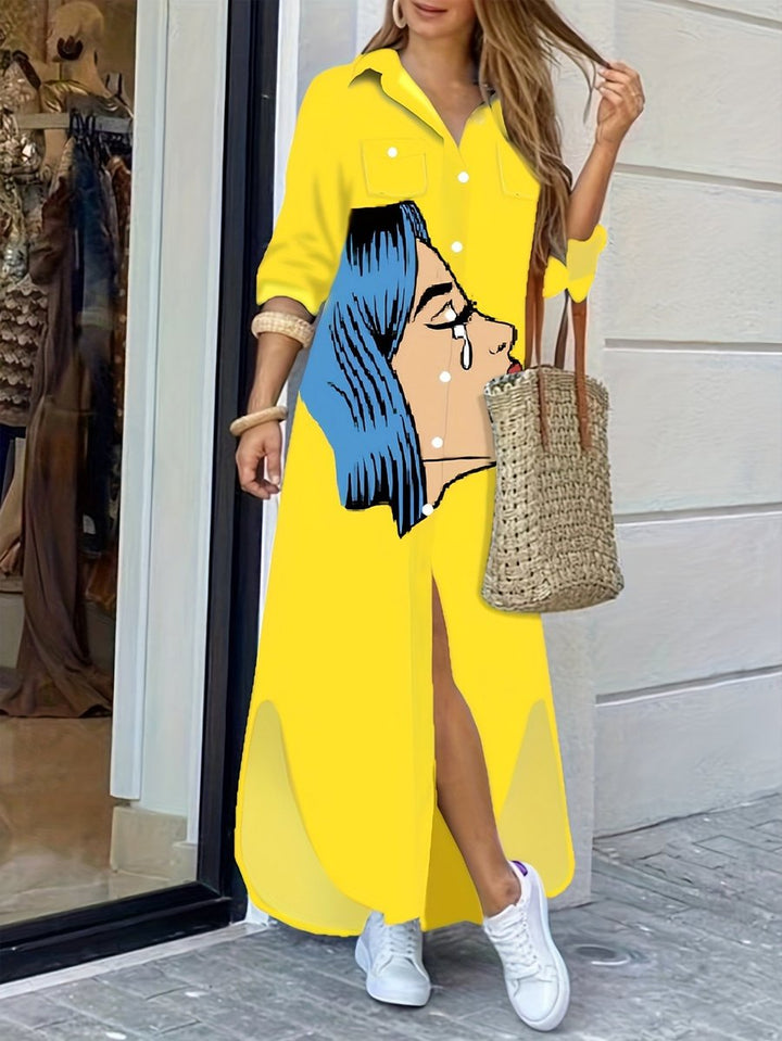 Women's Loose Button-Down Graphic Fall Midi Dress