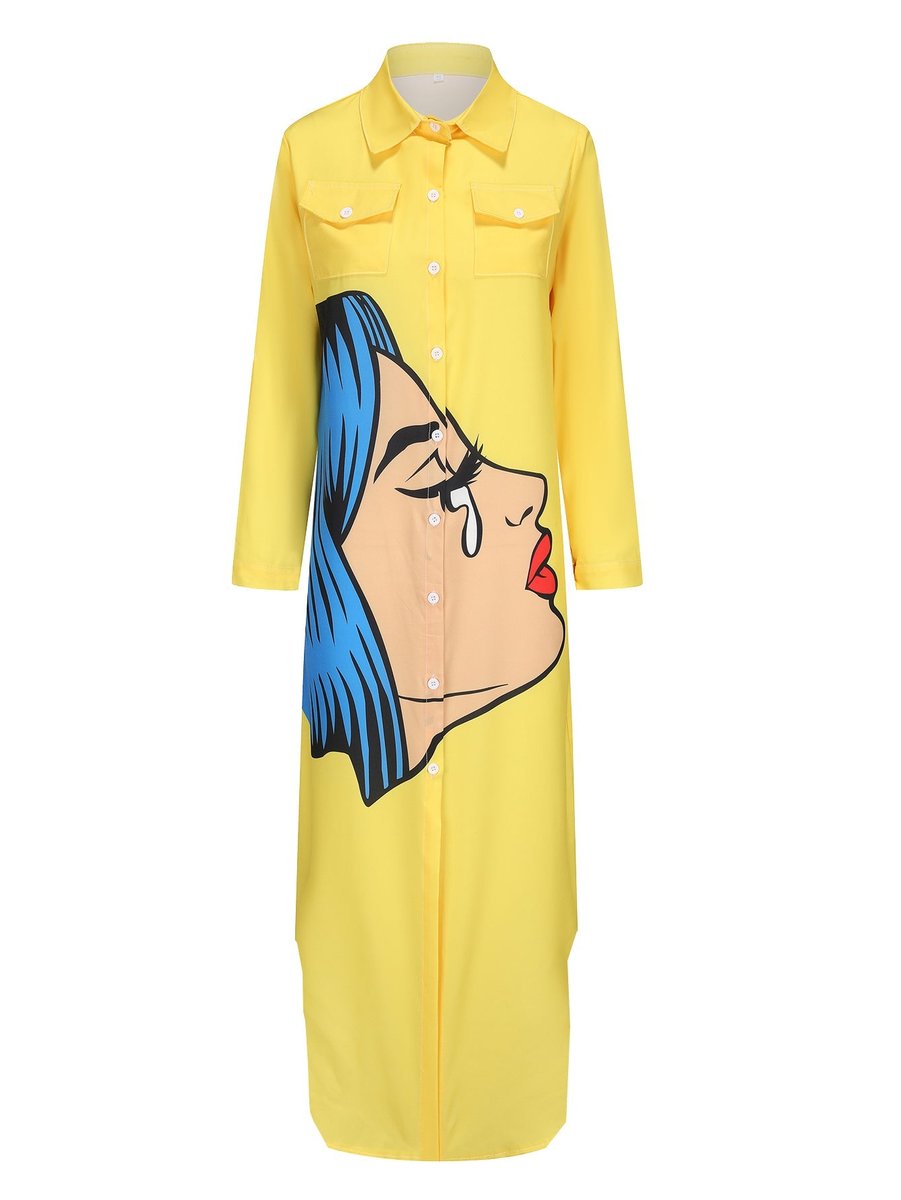Women's Loose Button-Down Graphic Fall Midi Dress