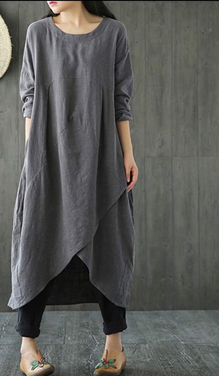 Women's Loose Linen Asymmetric Hem Fall Midi Dress Long Sleeve