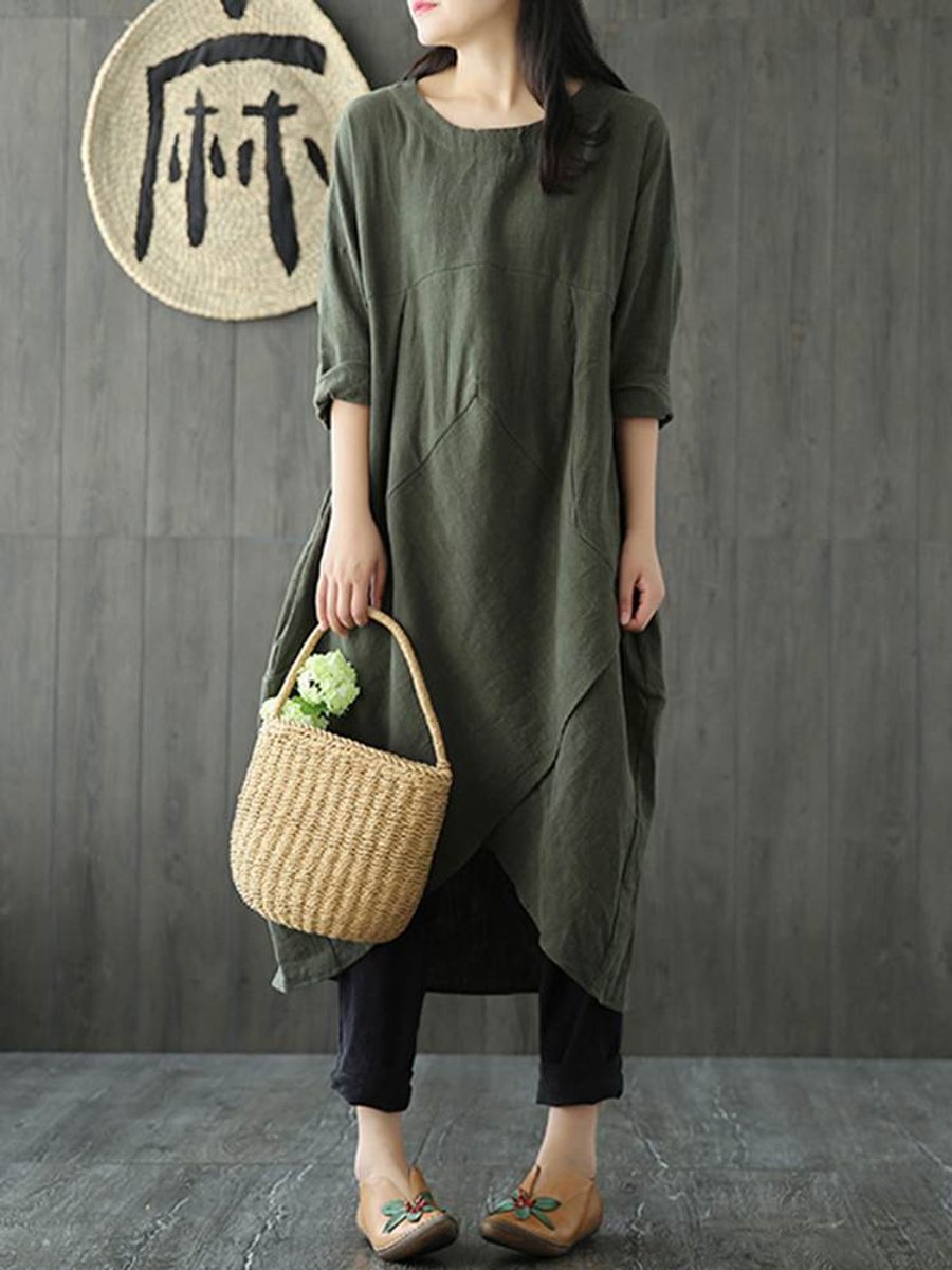 Women's Loose Linen Asymmetric Hem Fall Midi Dress Long Sleeve