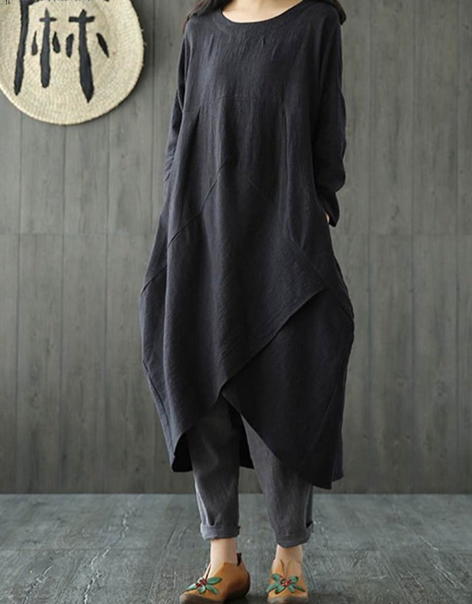Women's Loose Linen Asymmetric Hem Fall Midi Dress Long Sleeve