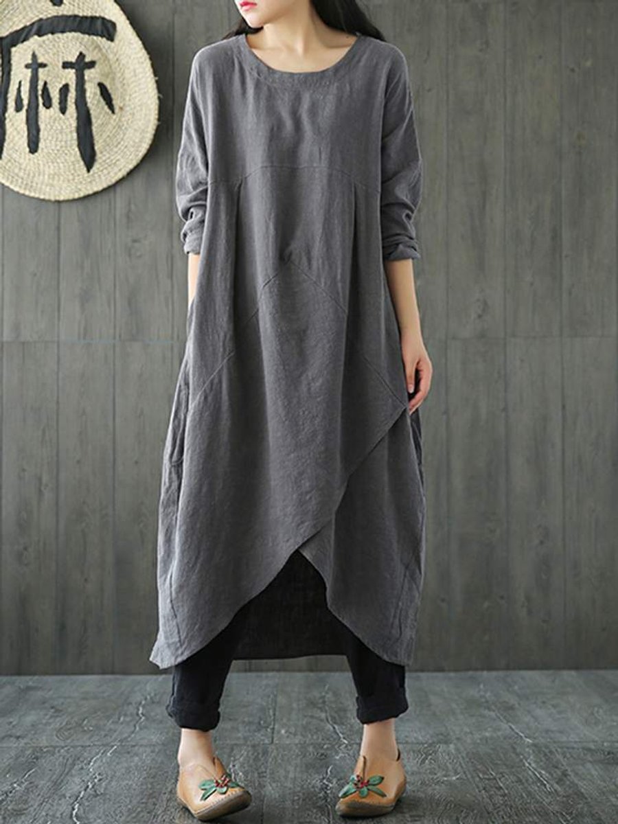Women's Loose Linen Asymmetric Hem Fall Midi Dress Long Sleeve