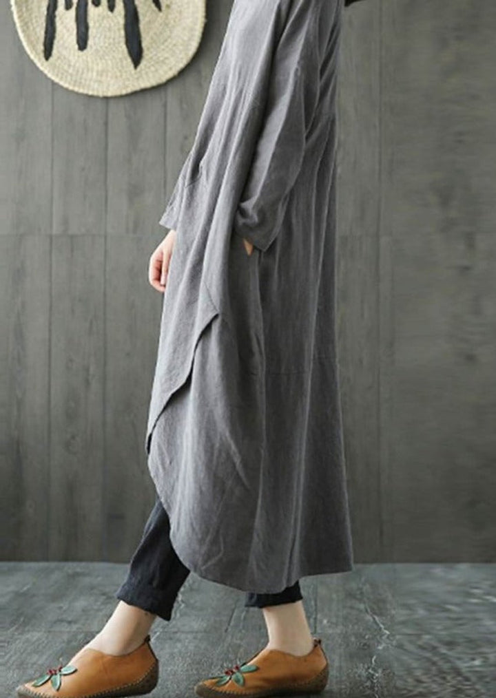 Women's Loose Linen Asymmetric Hem Fall Midi Dress Long Sleeve