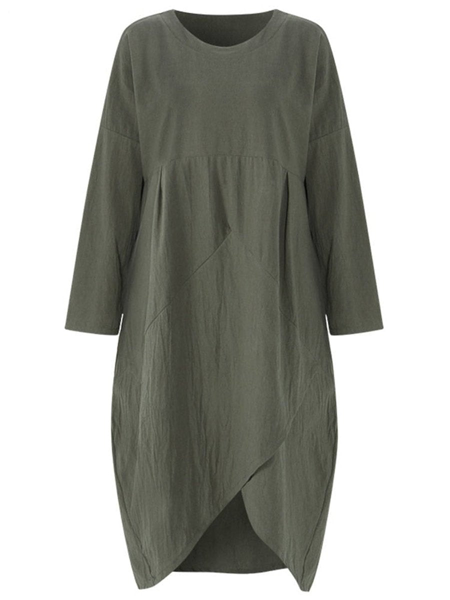 Women's Loose Linen Asymmetric Hem Fall Midi Dress Long Sleeve