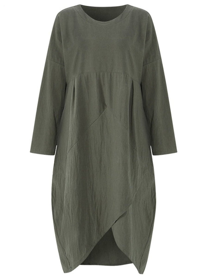 Women's Loose Linen Asymmetric Hem Fall Midi Dress Long Sleeve