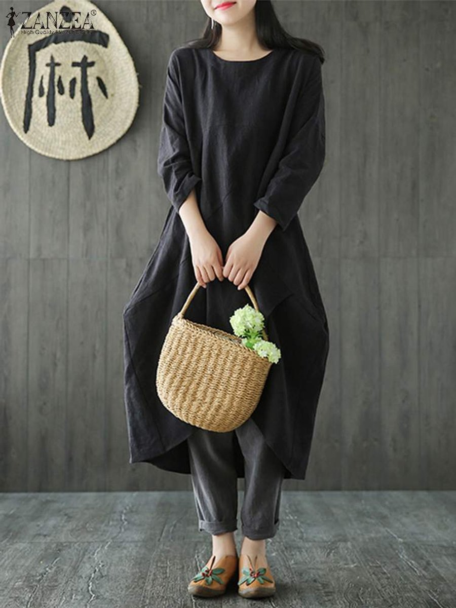 Women's Loose Linen Asymmetric Hem Fall Midi Dress Long Sleeve