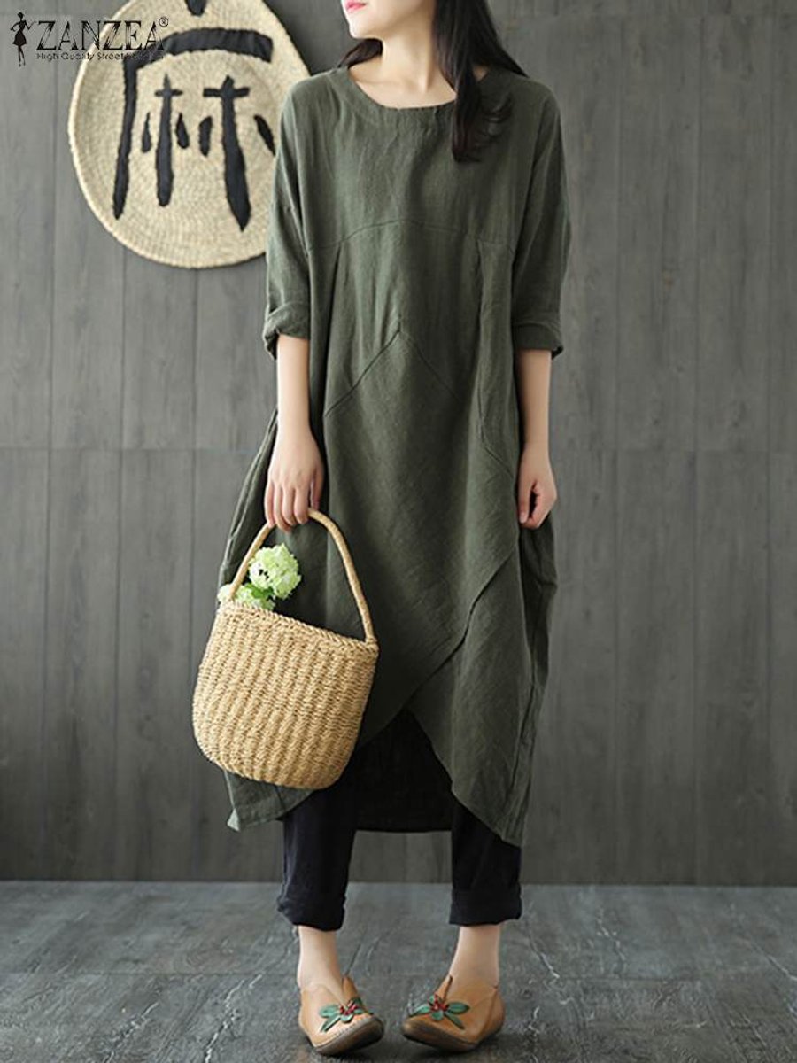 Women's Loose Linen Asymmetric Hem Fall Midi Dress Long Sleeve
