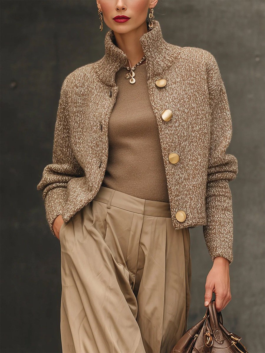 Women's Marled Knit Stand-Collar Gold-Button Blazer Cardigan