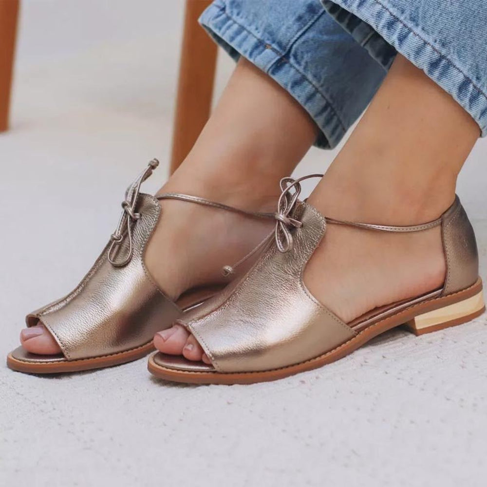 Women's Metallic Peep-Toe Flat Bow-Tie Strap Sandals
