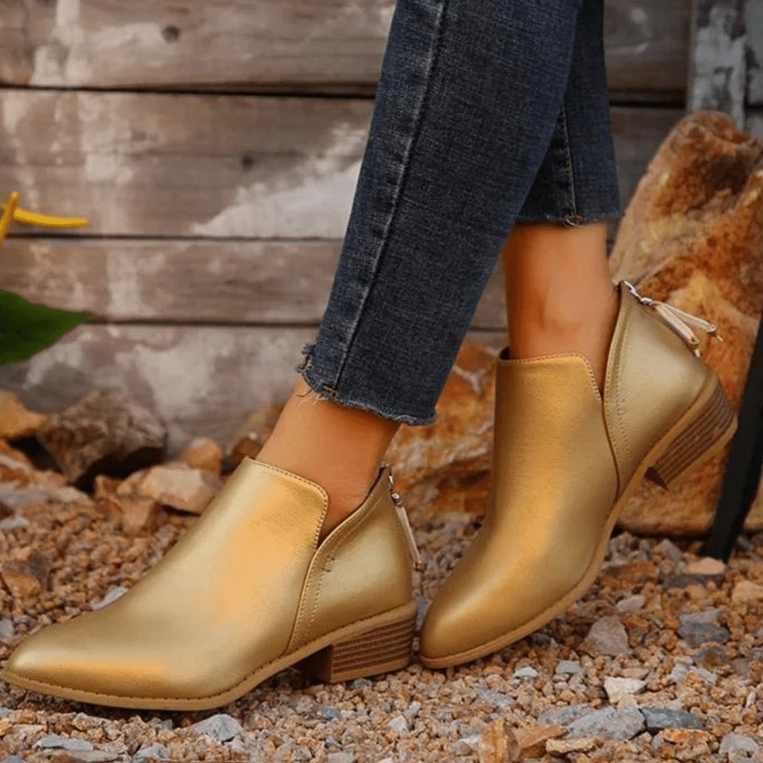Women's Metallic Pointed-Toe Block-Heel Ankle Boots