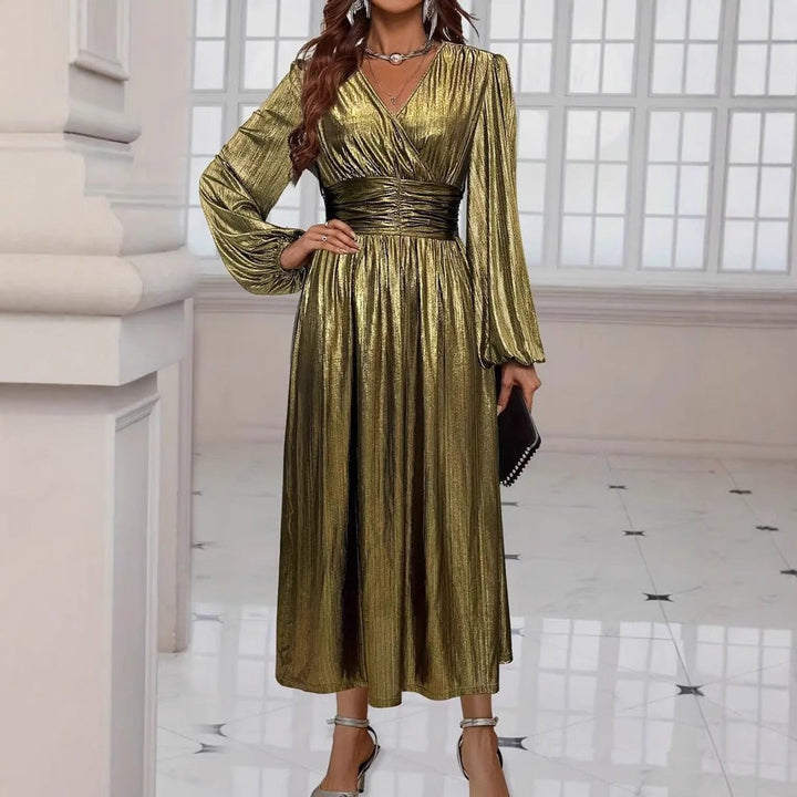 Women's Metallic Shimmer Long-Sleeve V-Neck Fall Midi Dress