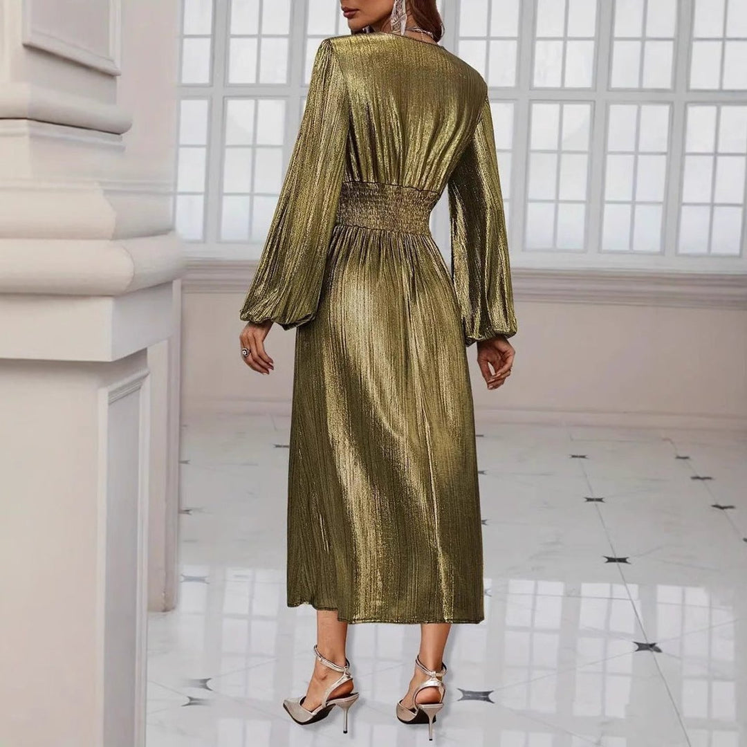 Women's Metallic Shimmer Long-Sleeve V-Neck Fall Midi Dress