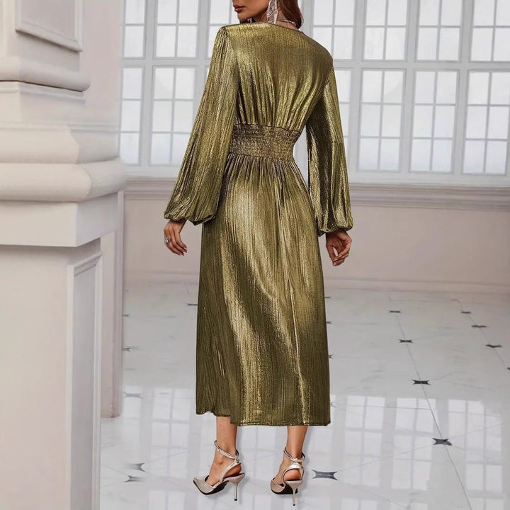 Women's Metallic Shimmer Long-Sleeve V-Neck Fall Midi Dress