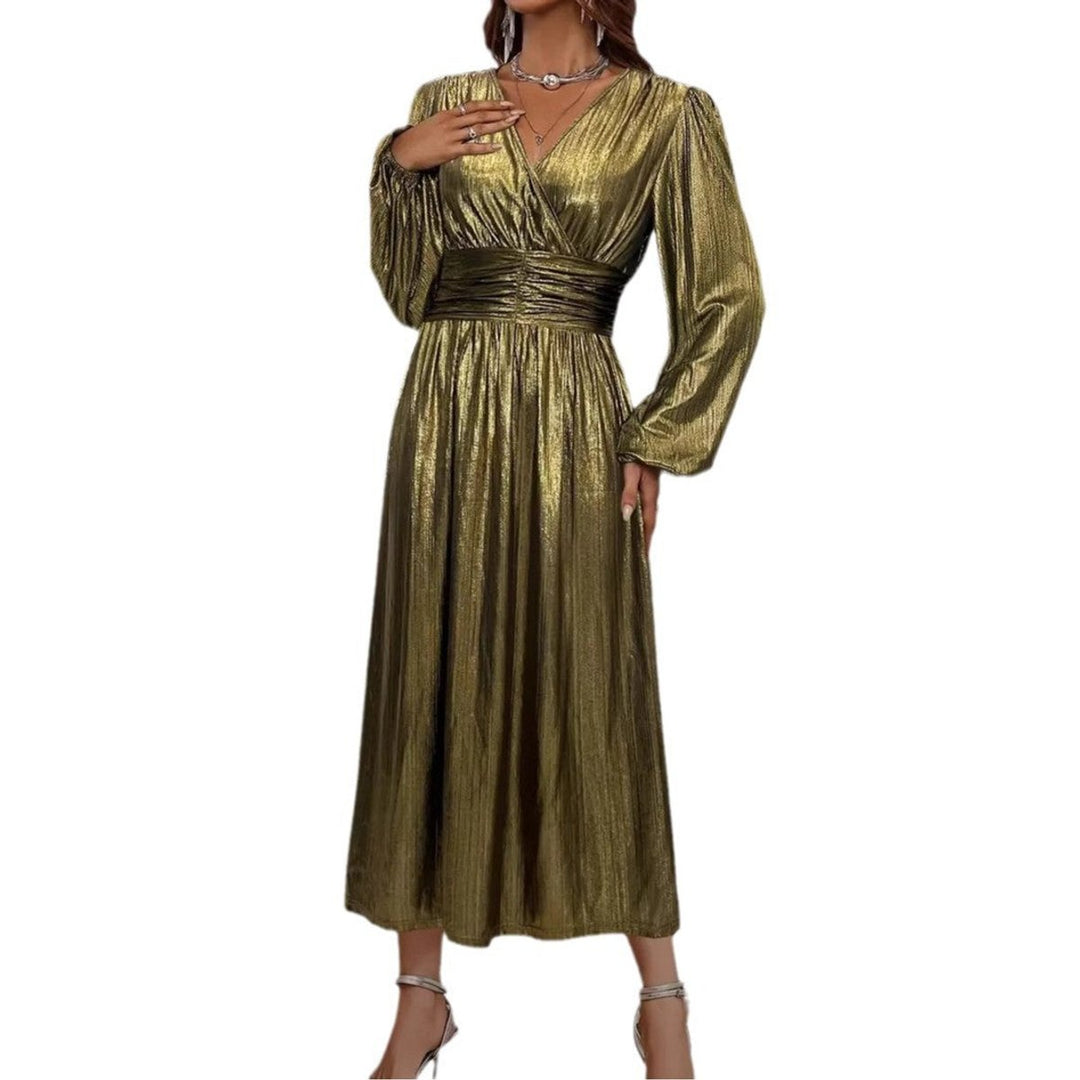 Women's Metallic Shimmer Long-Sleeve V-Neck Fall Midi Dress