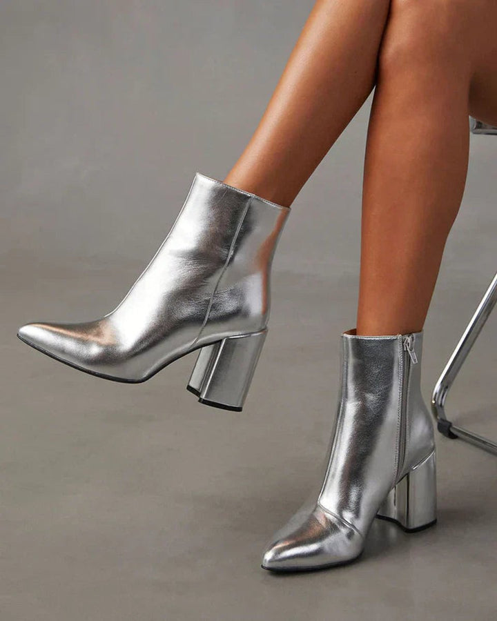 Women's Metallic Silver Block Heel Ankle Boots