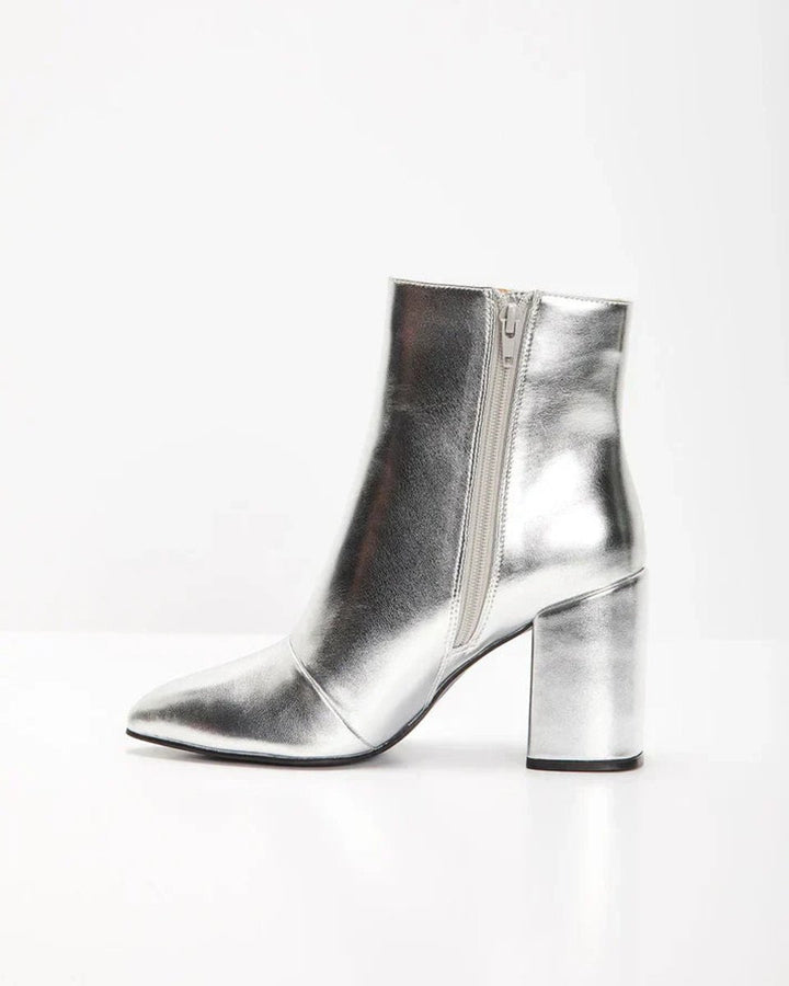 Women's Metallic Silver Block Heel Ankle Boots