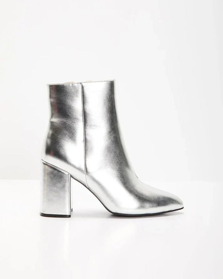 Women's Metallic Silver Block Heel Ankle Boots