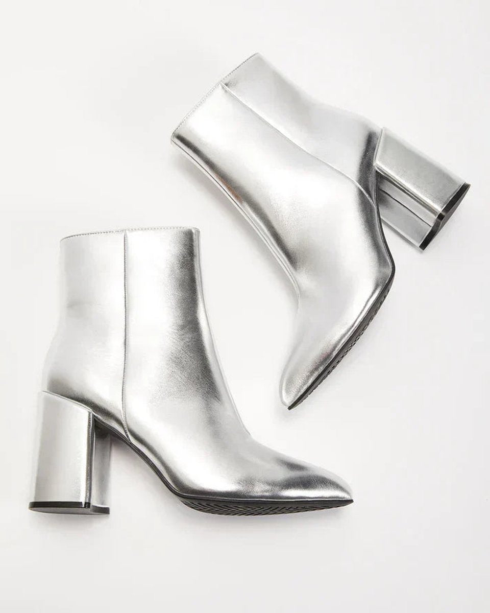 Women's Metallic Silver Block Heel Ankle Boots