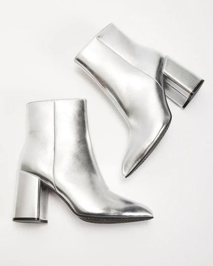 Women's Metallic Silver Block Heel Ankle Boots