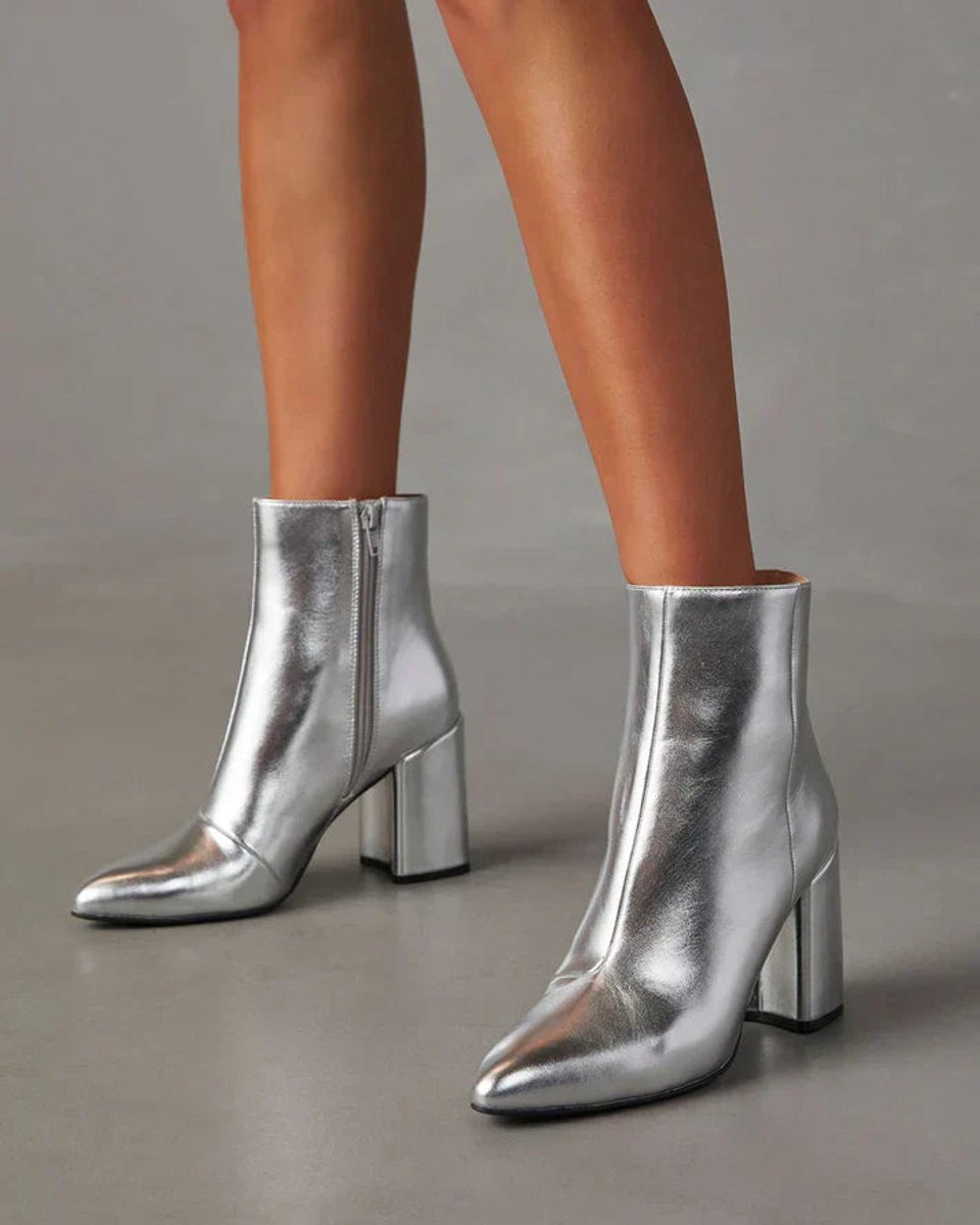 Women's Metallic Silver Block Heel Ankle Boots