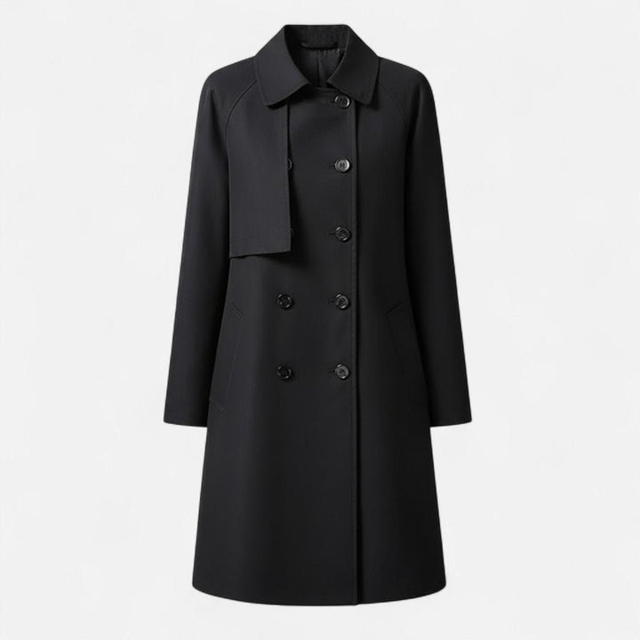 Women's Mid-Length Wool-Blend Double-Breasted Trench Coat - Black