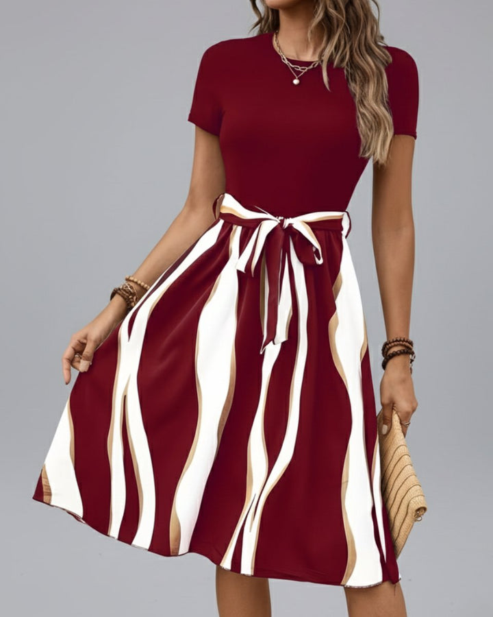 Women's Midi Formal Dress Short-Sleeve Tie-Waist Printed Skirt