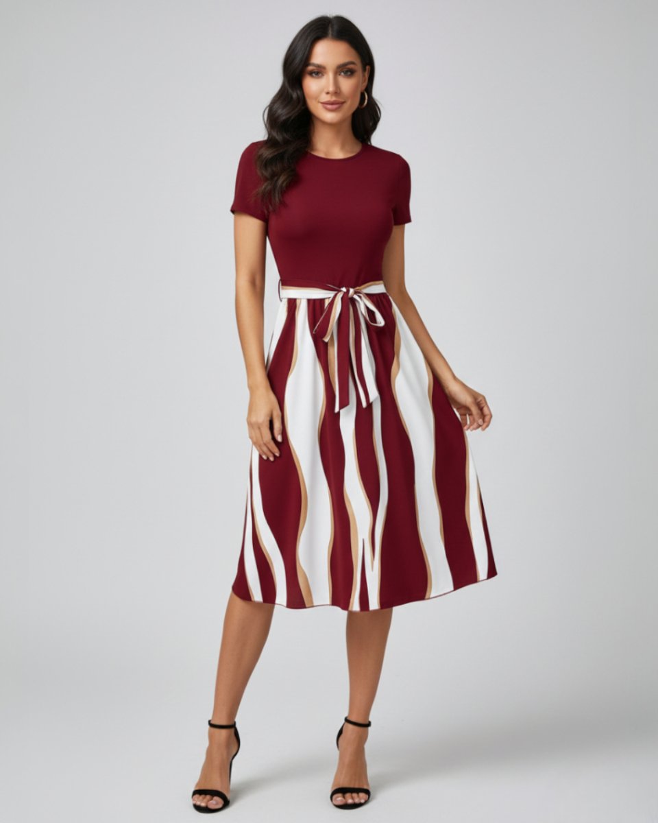 Women's Midi Formal Dress Short-Sleeve Tie-Waist Printed Skirt
