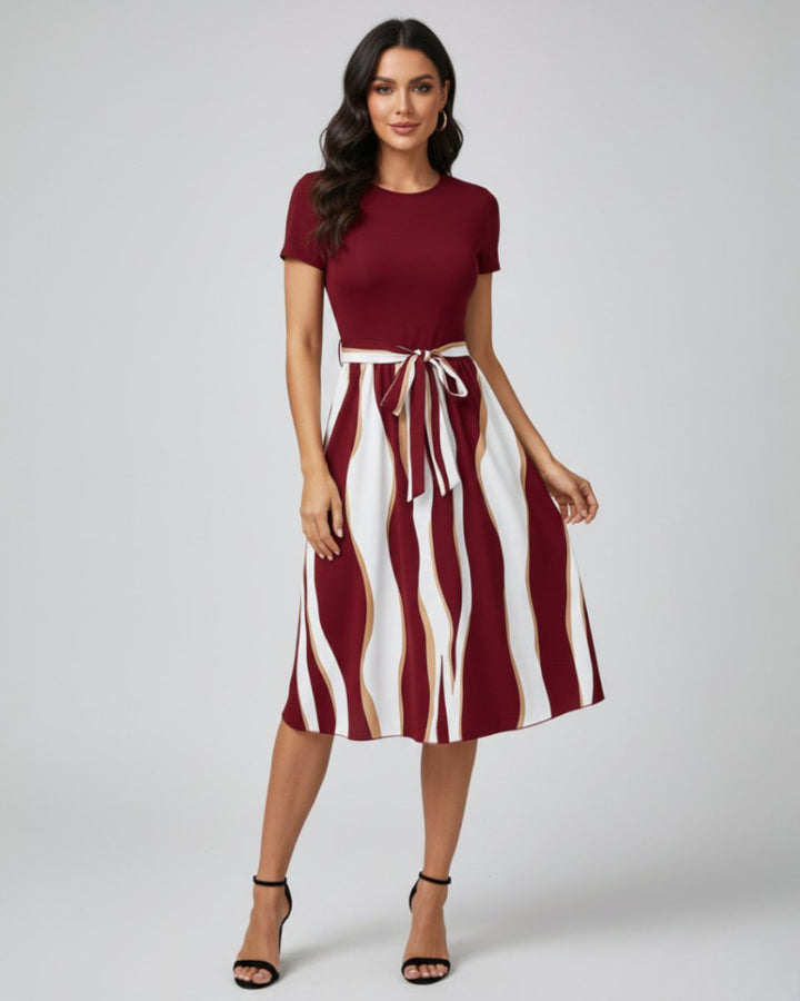 Women's Midi Formal Dress Short-Sleeve Tie-Waist Printed Skirt