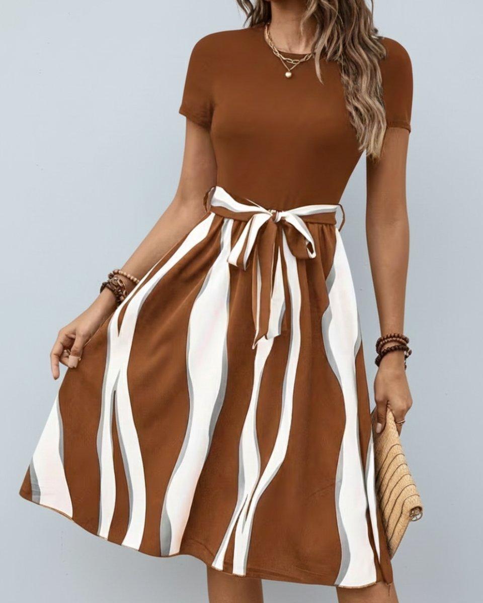 Women's Midi Formal Dress Short-Sleeve Tie-Waist Printed Skirt